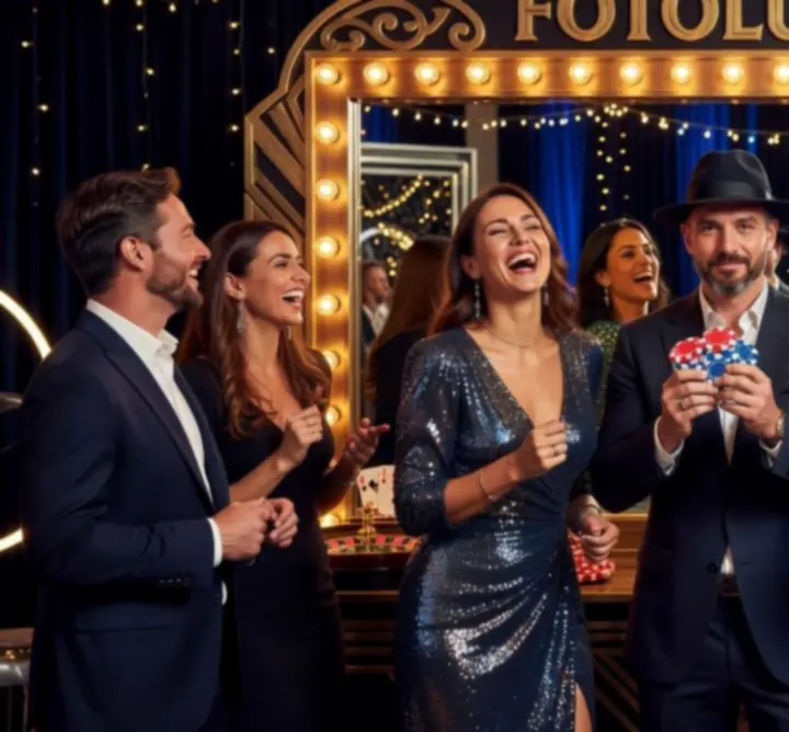 Goście pozują przy fotolustrze na imprezie