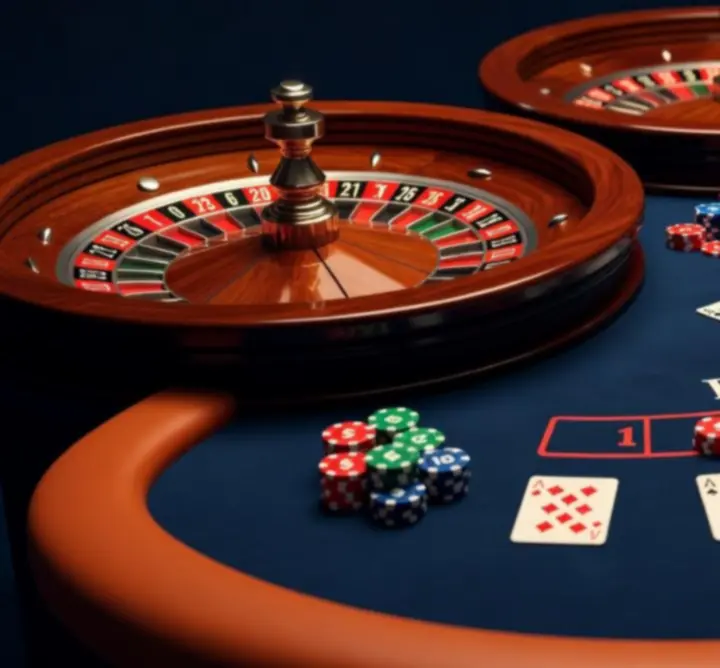 Pełnowymiarowe stoły kasynowe z żetonami i kartami przygotowane na event