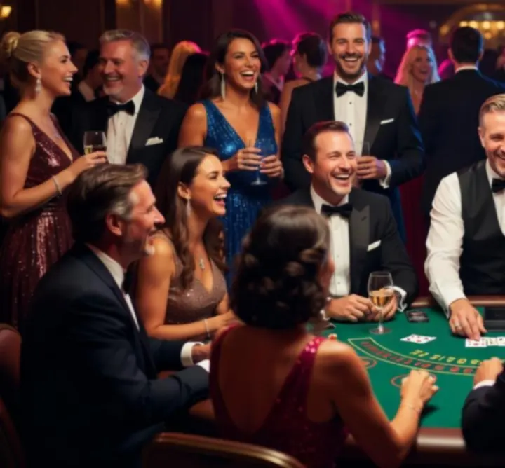 Goście bawiący się przy stołach kasynowych podczas eleganckiego eventu