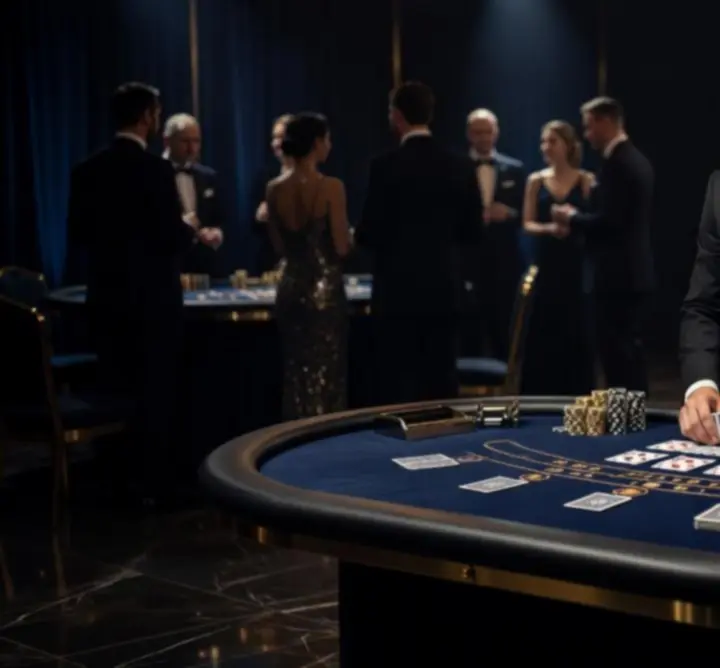 Stół kasynowy z kartami, żetonami i krupierem na eleganckim evencie